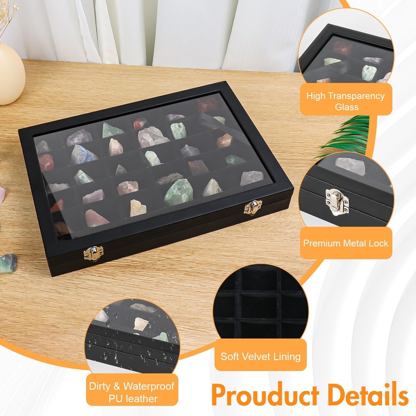BTYCityMao Rock Collections Box for Kids - PU Leather Rock Display Case with 36 Grid - Storage & Display Shelf for Collectibles