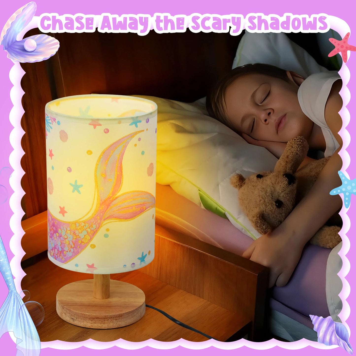MASTRON Mermaid Table Lamp for Kids Bedroom - Mermaid Tail Pastel Kids Bedside Lamp with Linen Wooden Nightstand Nursery Lampshade for Girls Room Decor