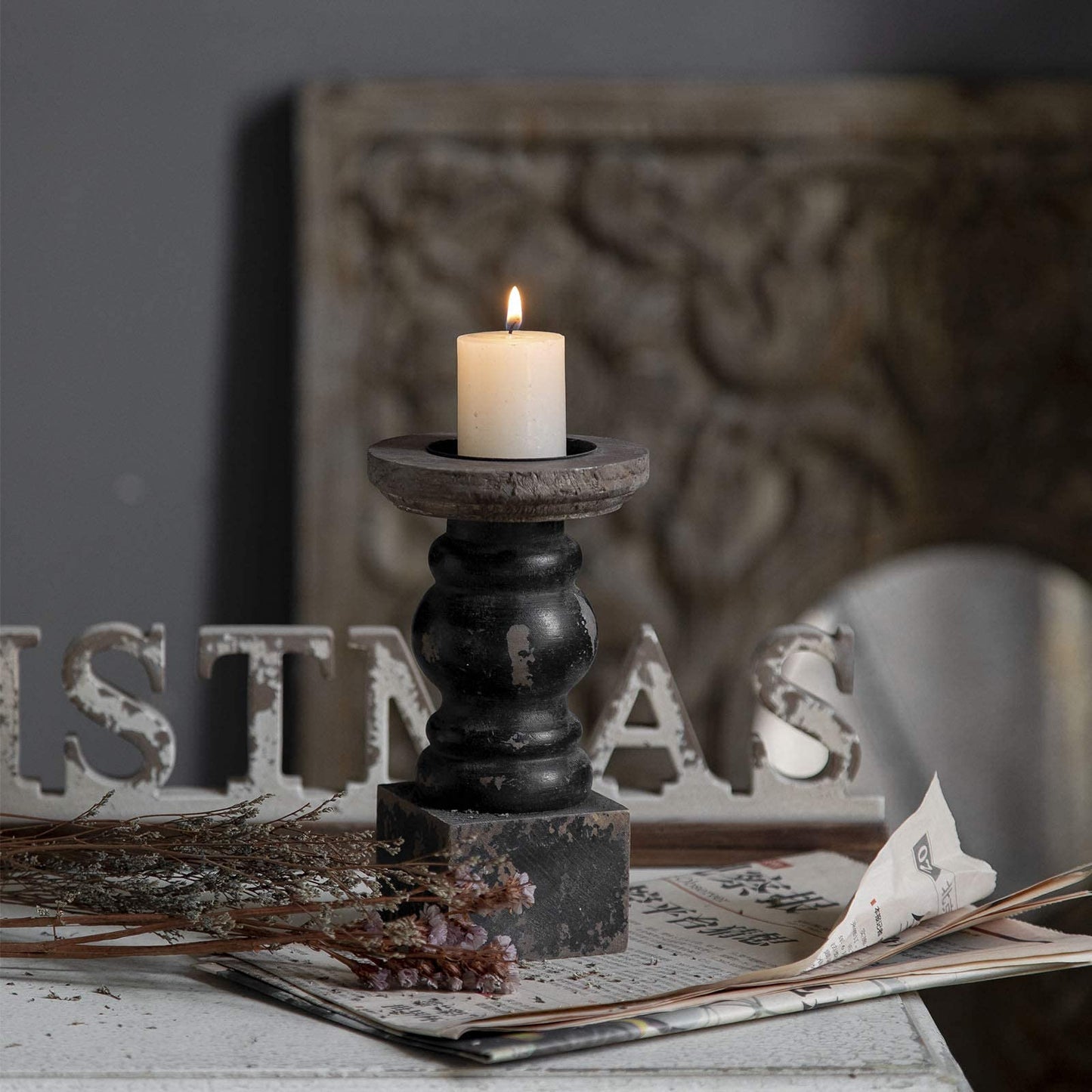 Wooden Black Candle Holder, Decorative Candle Holders for Table, Rustic Pillar Candle Holder, Table Centerpieces for Dining Room, Shabby Chic Candlestick, Home Decor (3.9" x 3.9" x 7.1")