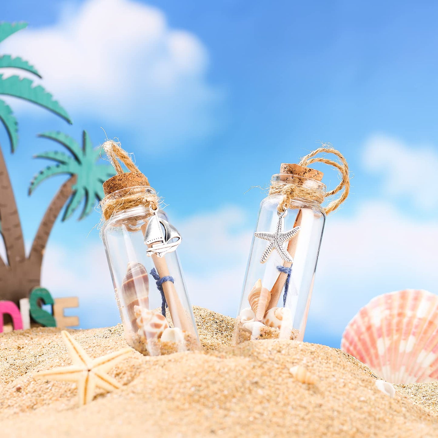 Qunclay 6 Pcs Coastal Beach Ornaments Nautical Glass Message Bottle Christmas Ocean Sand Jar Hanging Ornaments Decorations with Seashell for Home Xmas Tree Wedding Baby Shower Party Favors