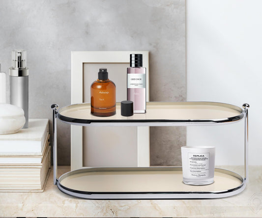 MUSEOWN 2 Tier Metal Frame Perfume Organizer in Stylish,and Minimalist Perfume Tray-Elegant Countertop Display Shelf for Skincare,Makeup,Trinket for Dresser,Vanity,Bathroom (Creamy White)