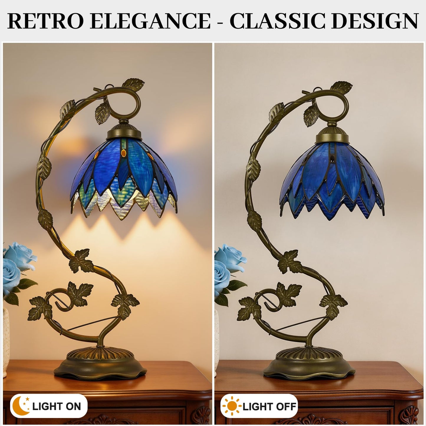 Drqvonth Tiffany Table Lamp, Blue Petal Stained Glass, Metal Leaf Base