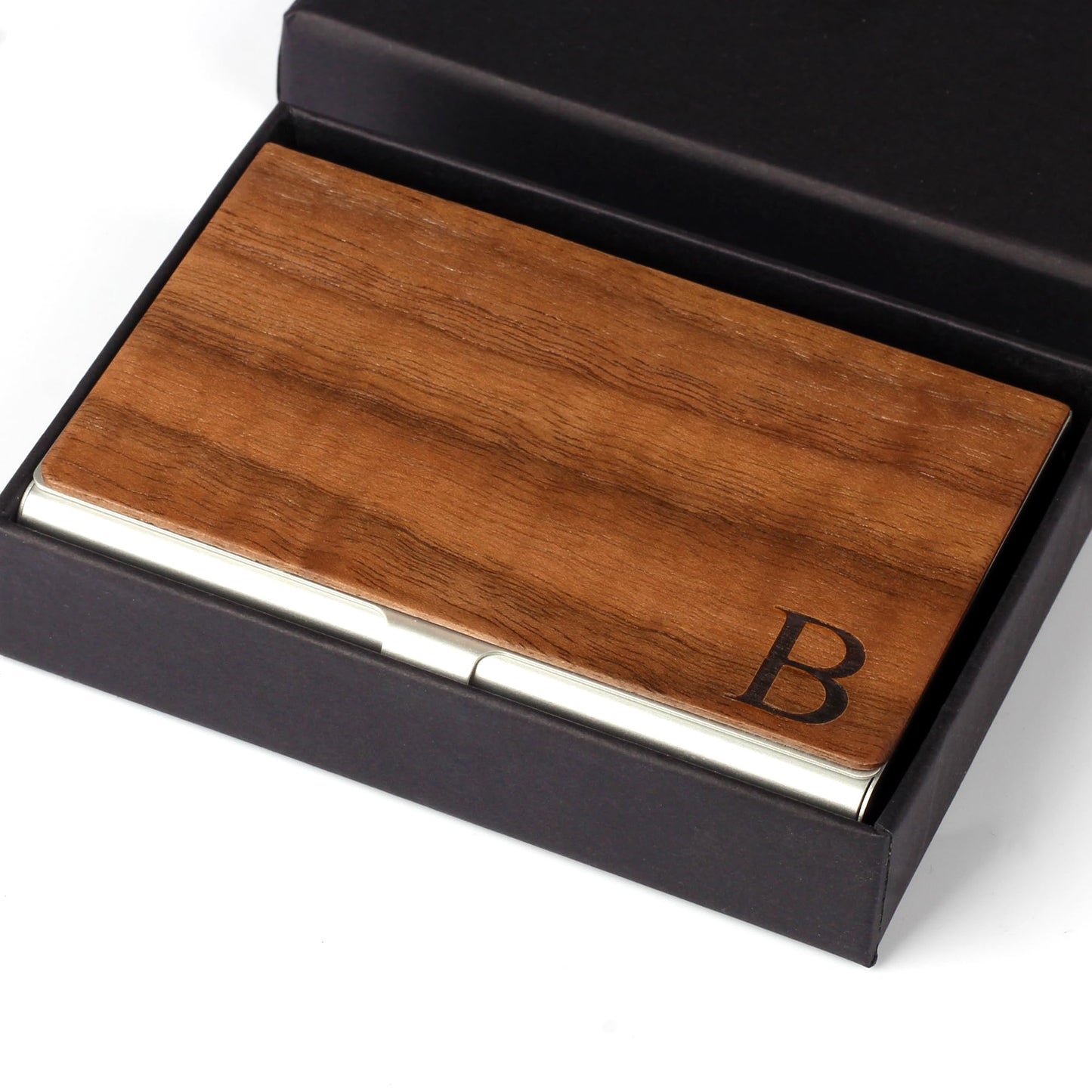 Prophet Clue PC Business Card Holder Walnut Wood & Stainless Steel Business Card Case with Engraved A-Z Initial (B)