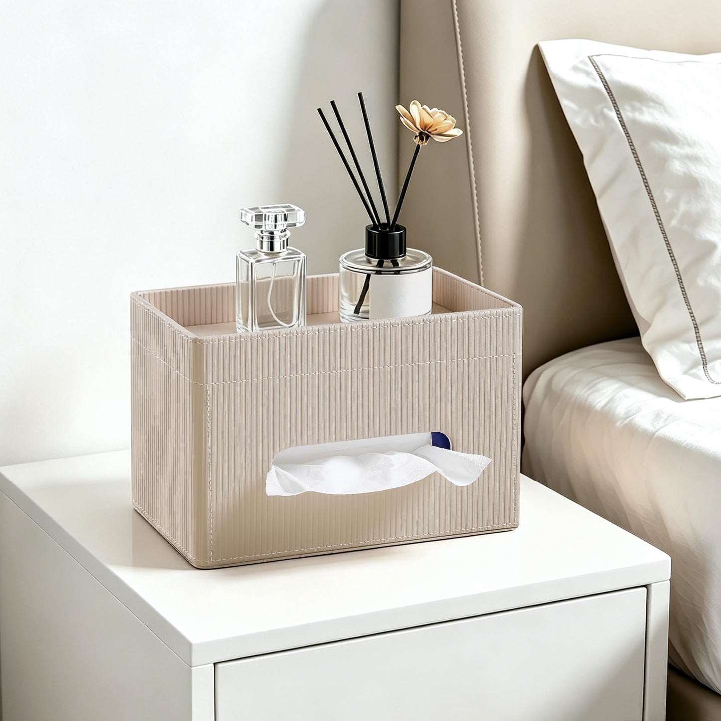 Cretkhp Tissue Box Cover Rectangle with Storage Tray, PU Leather Tissue Holder for Bathroom Vanity Countertop Night Stands Bedroom Office Desk, Stylish Rectangular Tissue Box Holder (Beige)