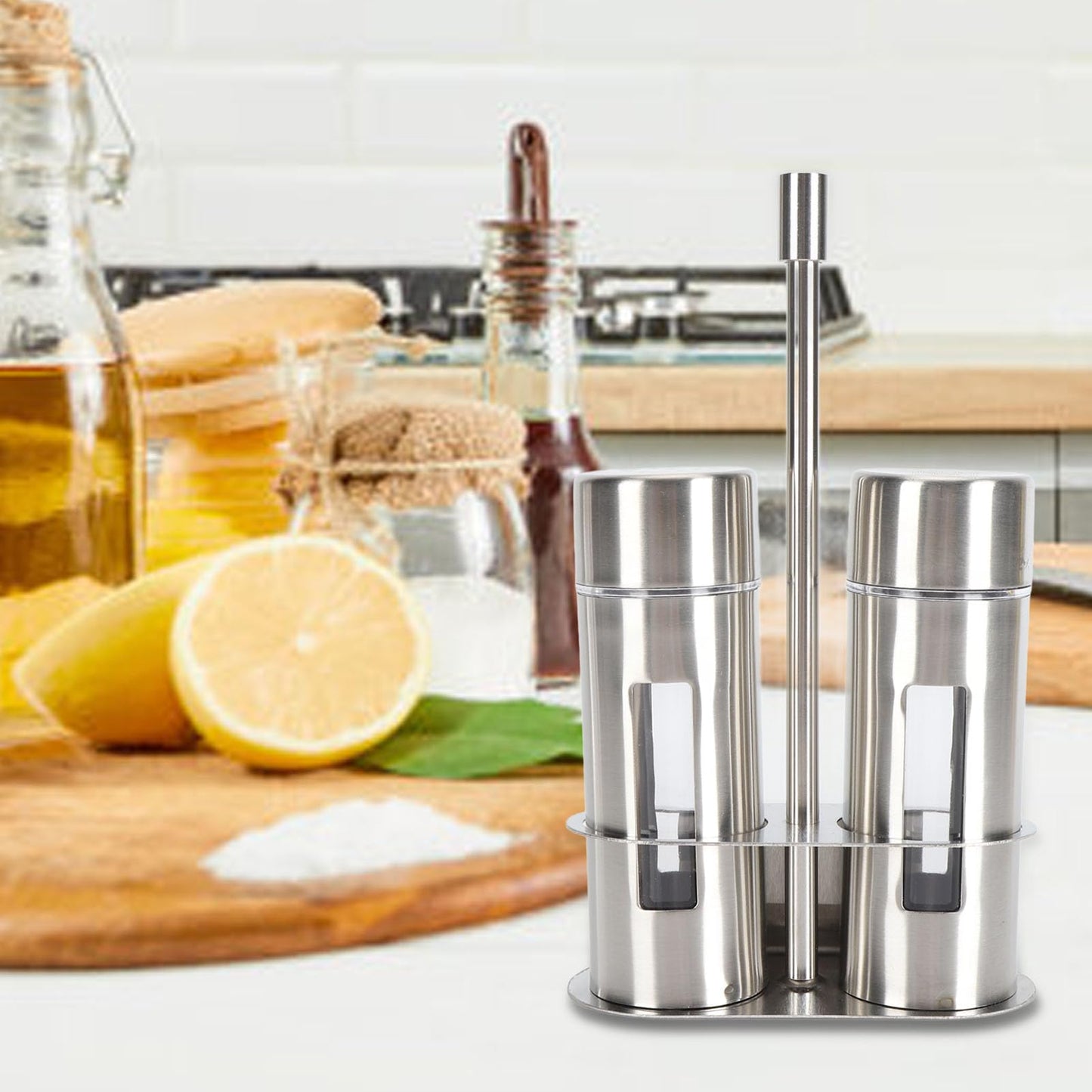 Salt and Pepper Shakers Set, Stainless Steel Seasoning Bottle with Holder, Refillable Salt Pepper Dispenser Spice Containers for Home Kitchen Countertop, BBQ, Bar, RV, Camp (L)