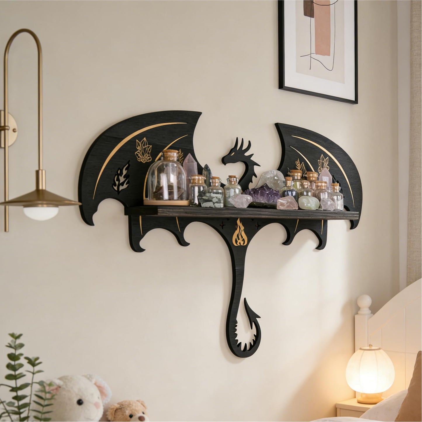 Rannyfol Witchy Gothic Crystal Display Shelf for Dragon Wall Decor, Wooden Dragon Knick Knack Shelf for Glass Rock Trinket Display, Floating Shelf (Dragon, 15.8 Inches)