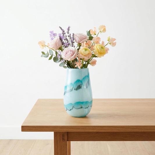 Glass Vase – Vase for Fresh or Dried Flowers, Living Room, Bedroom, or Entryway Tabletop Decor, Coastal Wave Design Home Decor Accent that Adds Calm, Collected Style – 12", Blue