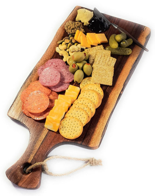 Acacia Charcuterie Board with Natural Live Edge & Handle - Wood Cheese Board - Decorative Wooden Serving & Cutting Board - Housewarming, Mothers Day, New Home & Wedding Gifts (18” x 8”)
