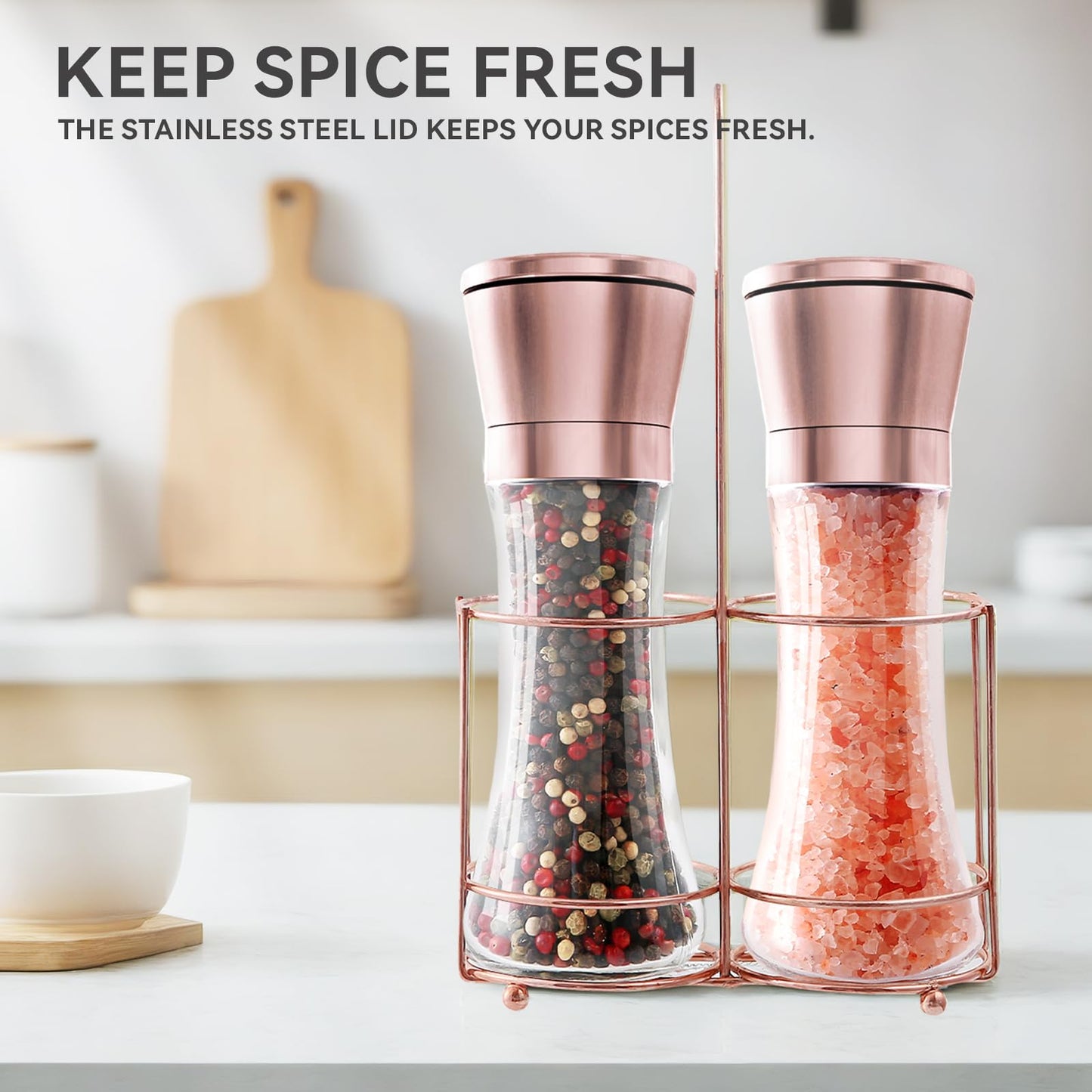 bonris Copper Stainless Steel Salt and Pepper Grinder Set Manual Himalayan Pink Salt Mill|Salt and Pepper Shakers with Adjustable Coarseness and Clear Glass Body (Pack of 2)
