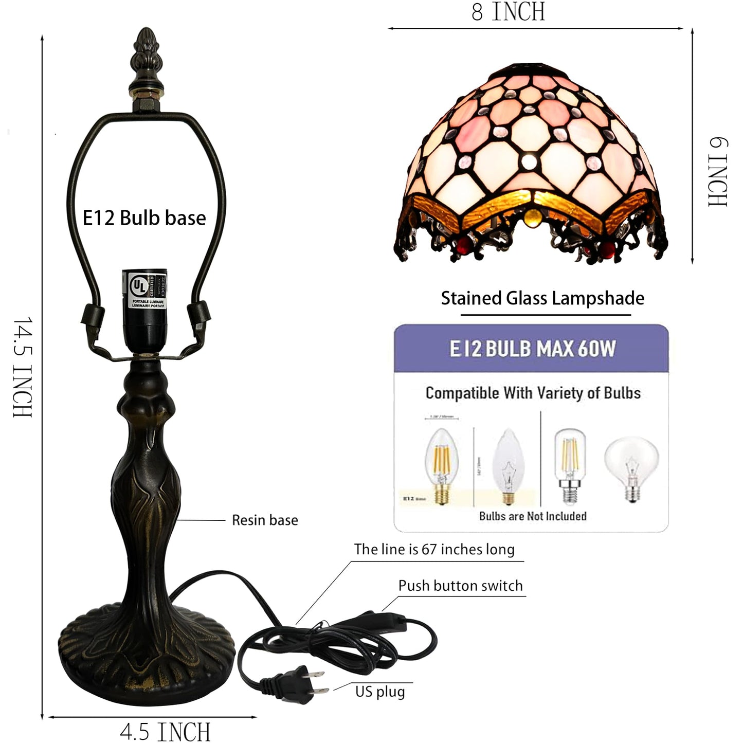 LUSTIX Small Tiffany Table Lamp Stained Glass Memory Lamp Pink Pearl Style