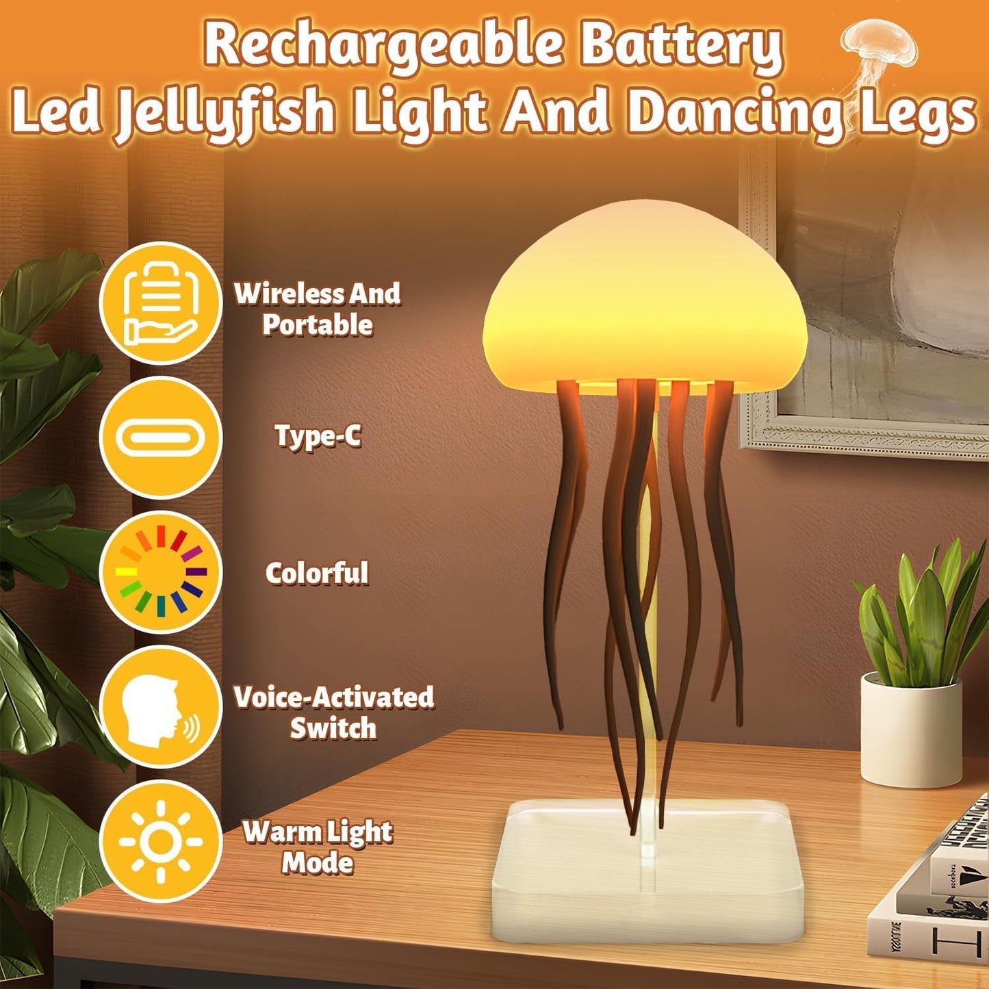 LED Jellyfish Lamp RGB Gradient Jelly Fish Light with Dancing Legs and Touch Sensor Rechargeable Cute Desk Lamp for Bedrooms, Living Room (Hanging + Base)