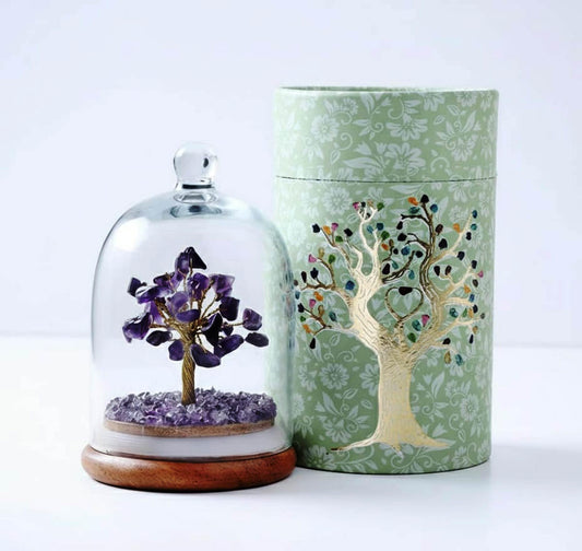 VINTAGE VOGUE Amethyst Healing Crystal Trees in Glass Dome| Handmade Gemstone Bonsai Tree for Positive Energy, Feng Shui, Meditation| Home Decor for Living Room & Office| Aesthetic Home Decor Items