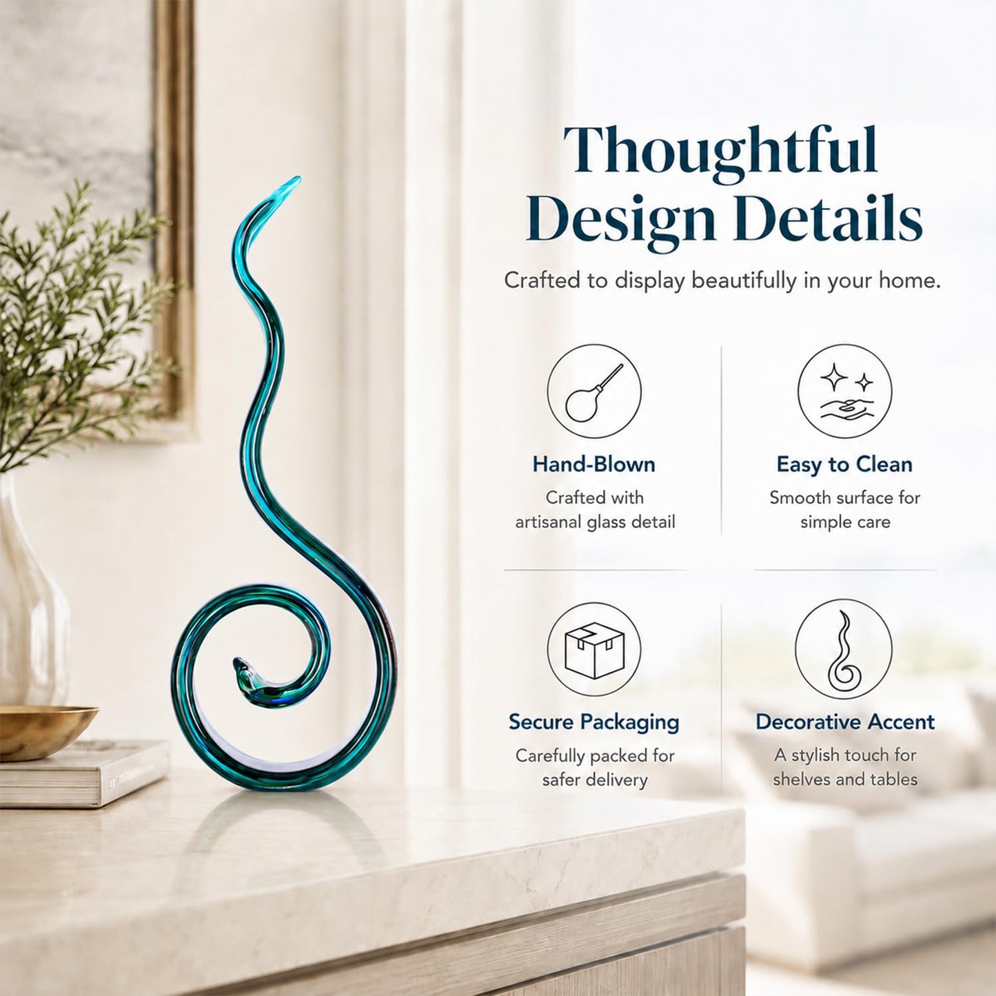 LCCCK 11.4in H Large Table Statue, Teal Hand Blown Glass Sculptures for Coastal Home Decor, Abstract Wave Statue and Tabletop Centerpiece for Entryway Shelf Mantel Office Display, Modern Art Accent