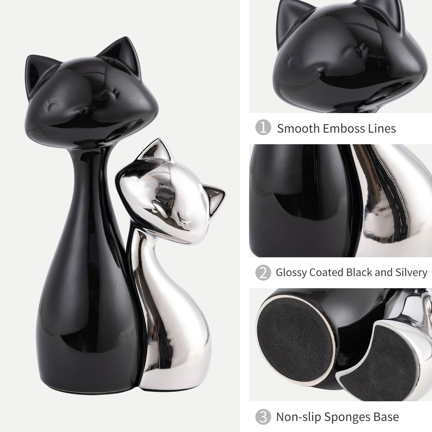 SURE YUESI Ceramic Cat Statue Set of 2, Black & Silver Cute Cat Figurines, Desk & Shelf Decor for Cat Lovers, Office Home Decor, Lucky Cat Memorial Gift for Women