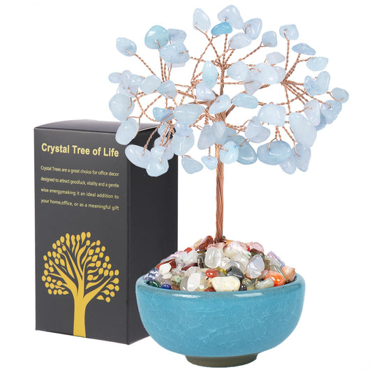 Aquamarine Crystal Tree of Life with Ceramic Bowl Base, 5 Inch Feng Shui Money Tree for Wealth & Prosperity, Bonsai Tree for Home Office Desk Decor, Spiritual Reiki Healing Gift