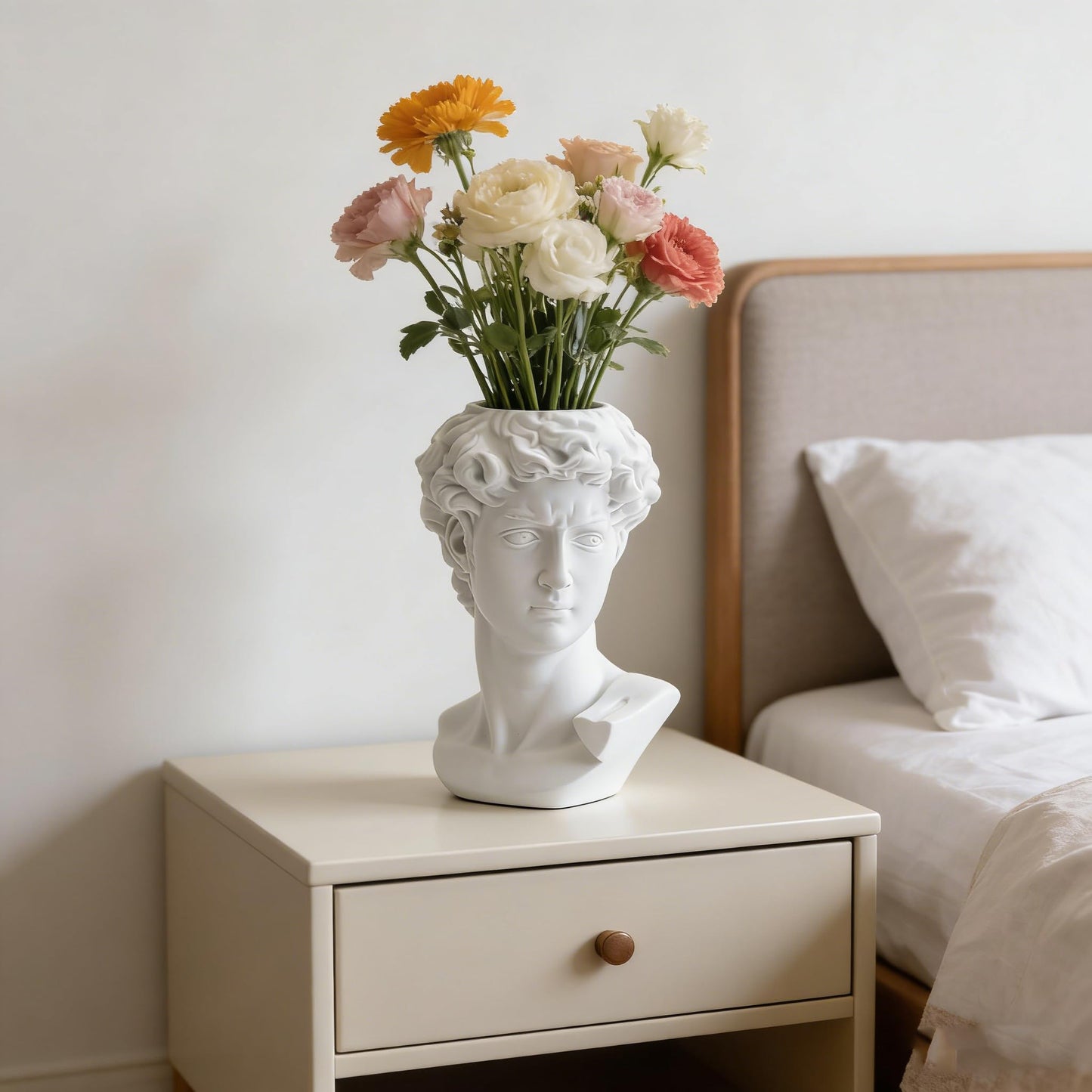 David Head Vase, White Resin Greek Statue Flower Pot, Modern Sculpture Planter Pen Holder, Decorative Bust Vase for Home, Office, Desk, Aesthetic Room Decor