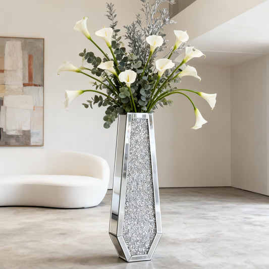 SHYFOY 24" Floor Vase Crushed Diamond Mirrored Vase Silver Tall Vases for Decor Living Room Floor, Bling Crystal Glass Floor Vases for Pampas Grass Home Decor