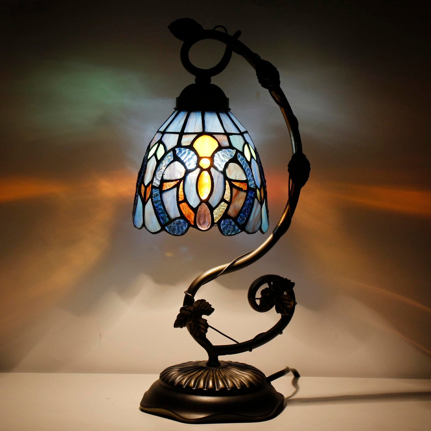 ANYONGLU Tiffany Stained Glass Reading Desk lamp Blue Purple Accent Style Bedside Metal Leaf Base 6X8X17 inch Bedroom Home Office Decoration