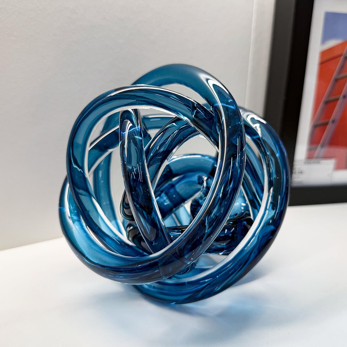 ORRFIDDY Glass Knot Teal Decor Ball - 5 Inch Hand Blown Infinity Sculpture Orbit Home Decor Table Decoration Interio Art
