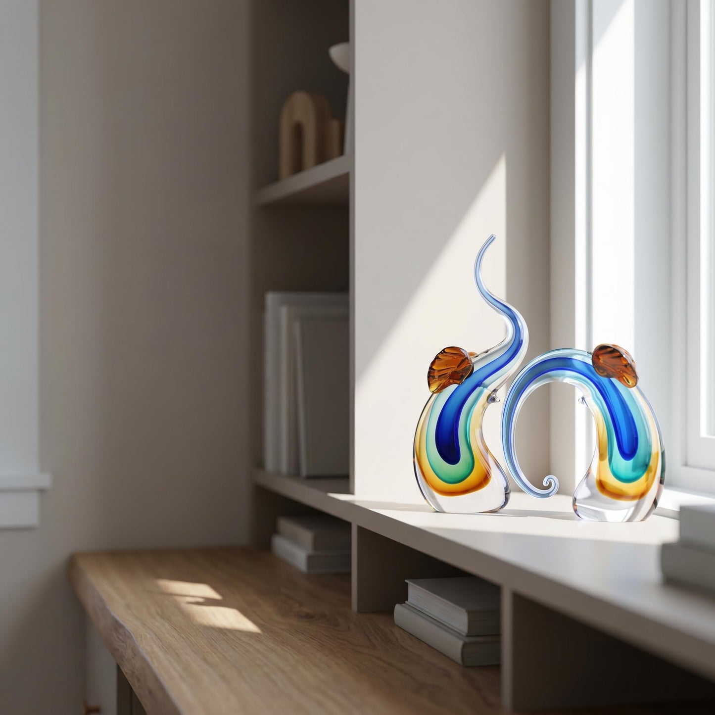 suruim Hand Blown Murano Glass Elephant Statues Set - Luxury Sculptures Home Decor for Living Room & Office Art Glass Ornament Animal Collectible (Blue)