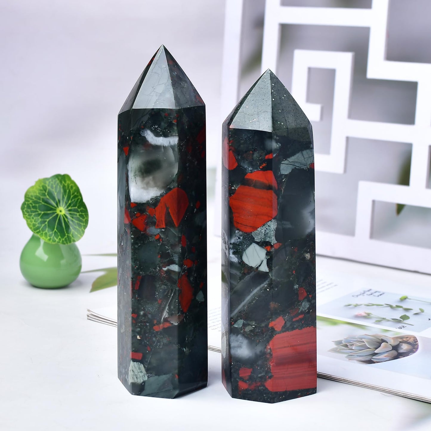 FZBHRO Large Crystal Towers Africa Blood Stone 6 Faceted Quartz Point Obelisk Red Healing Crystal Wand 2.2-2.6 Pound