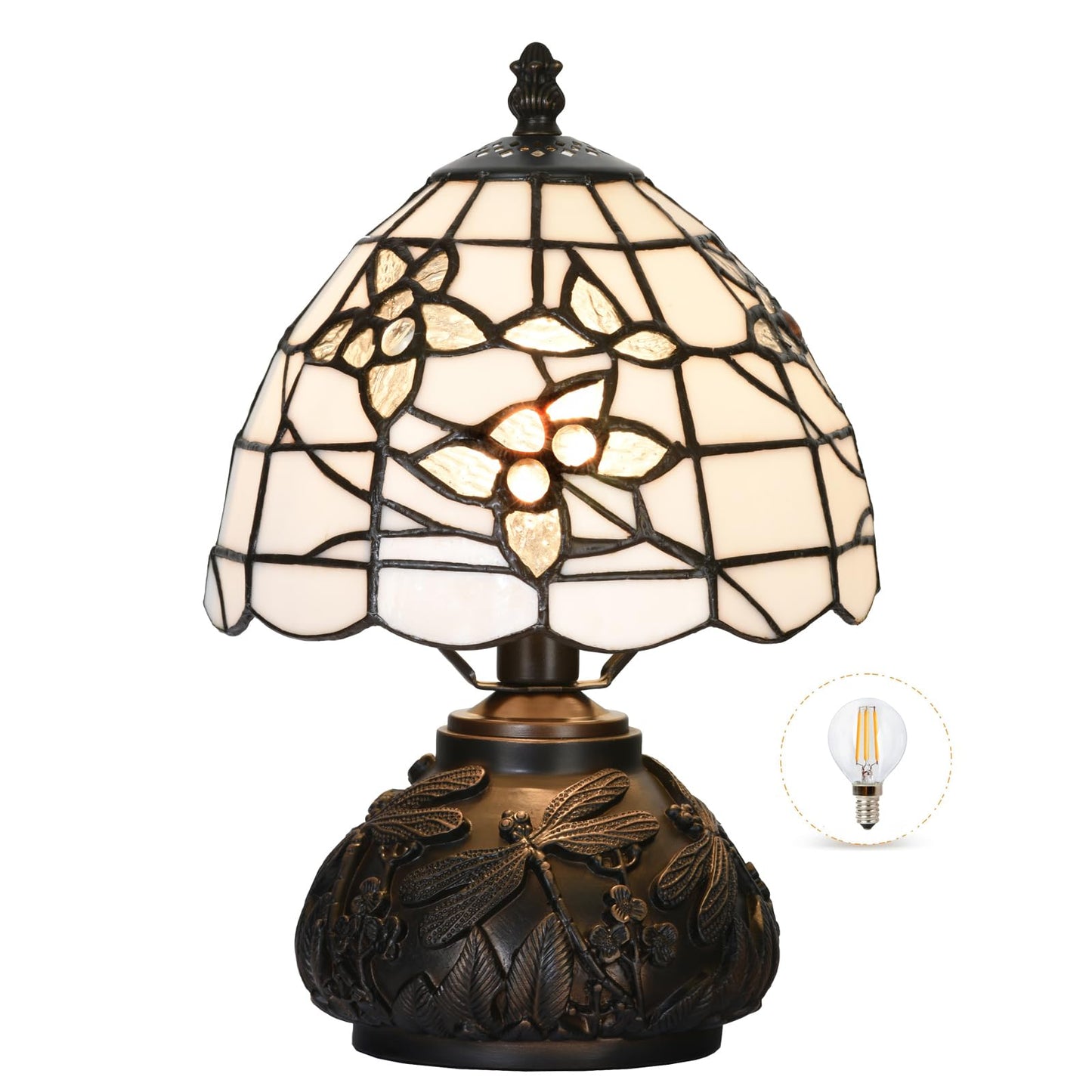 HomeBeauty TL0022 Small Tiffany Lamp,Stained Glass Lampshade Dragonfly Resin Base, Mini Desk Light for Bedside Nightstand, W8 X H11.8 Inch for Bedroom Living Room, LED Bulb Included (White Flowers)