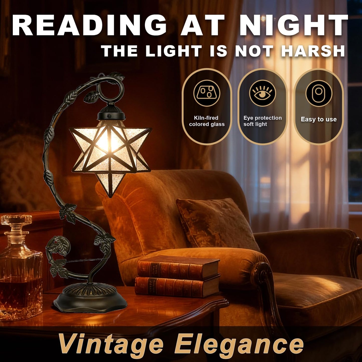 Star Glass Table Lamp, Vintage Style Table Lamp, 8x10x20 Inch – Bronze Metal Leaf Base Tiffany Lamp for Bedroom,Living Room,Study