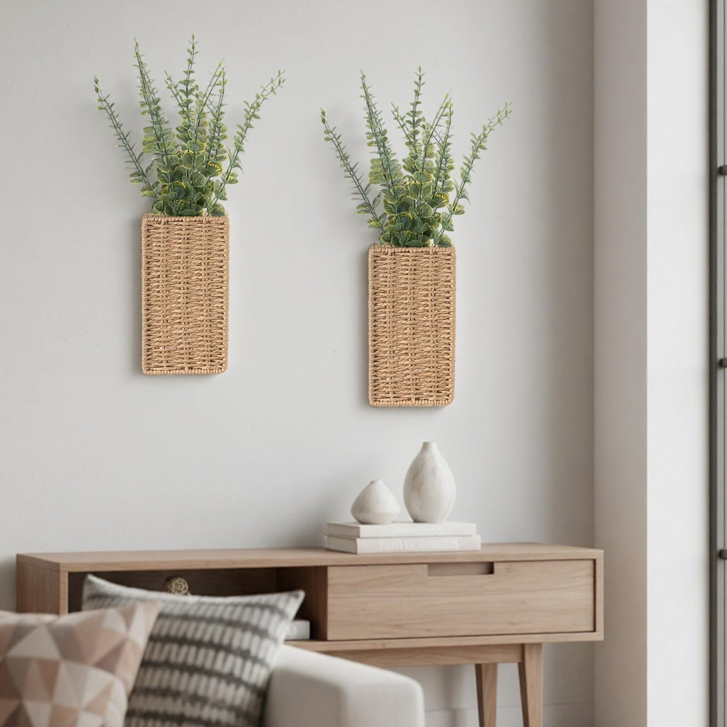 Ferrochef 2 Pack Woven Wall Vase with Artificial Eucalyptus Boho Wall Basket Hanging Decor Rustic Pocket Planter Flower Vase for Indoor Living Room Bedroom Home Office Kitchen Decoration