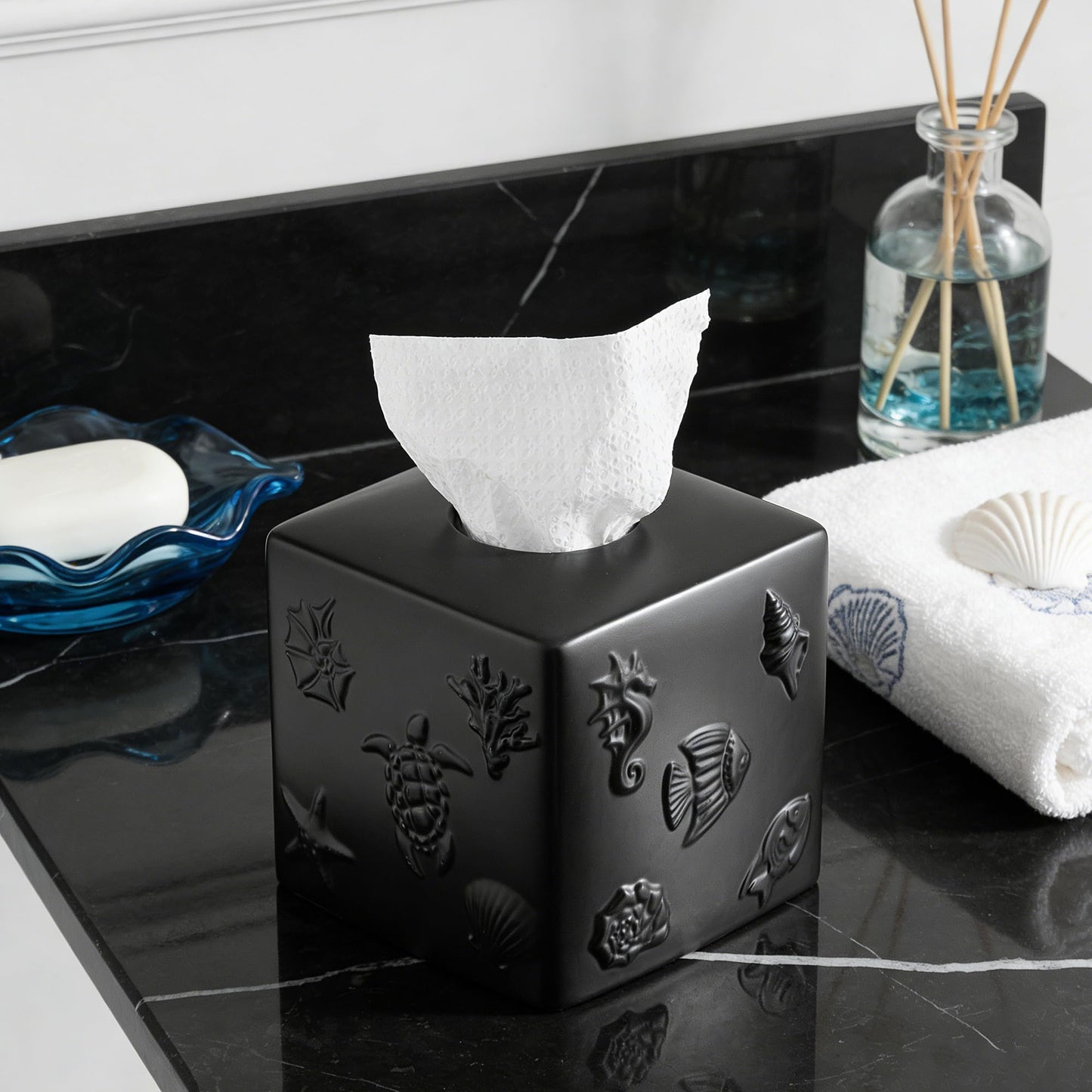 Black Ceramic Sea World Tissue Box Cover, Carved Marine Life Large Square Tissue Box Holder Decorative for Bathroom, Vanity, Kitchen Countertop, Bedroom Night Stands, Office Desk Top