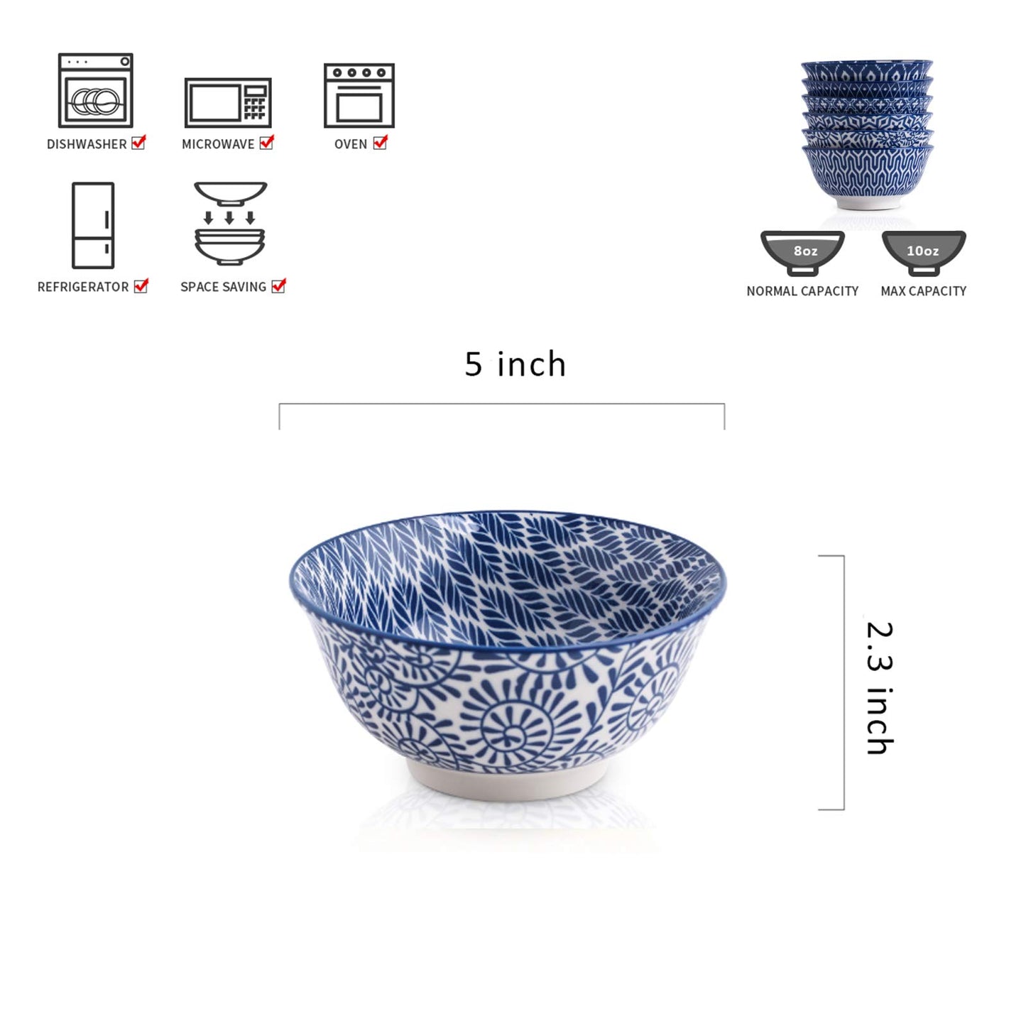 Selamica Porcelain 11oz Ice Cream Bowls Set of 6, Small Bowls, Ceramic bowls for Dessert, Ice Cream, Vintage Blue