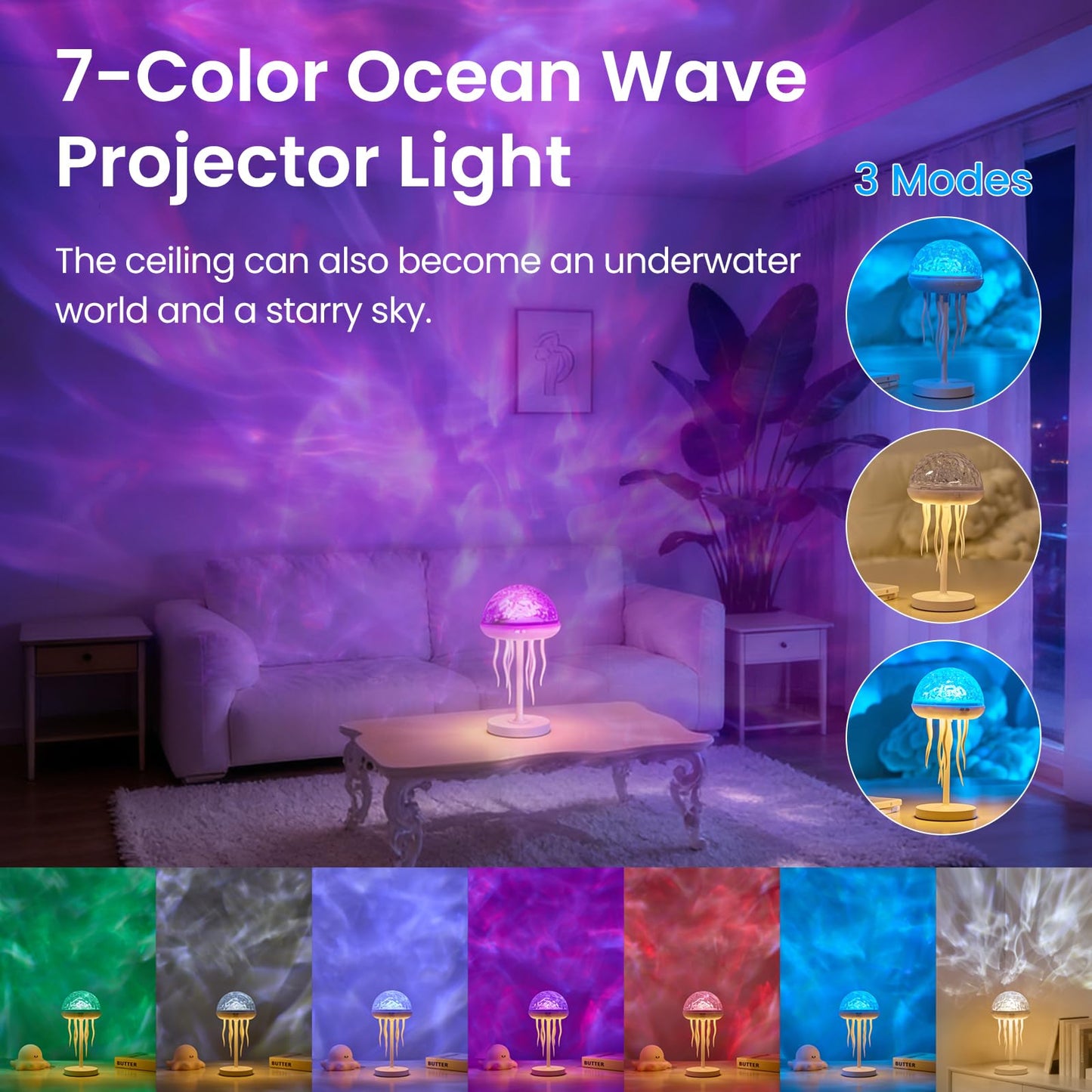 YzzYzz Jellyfish Lamp with Ocean Wave Projector Light, 2-in-1 Rechargeable Night Light with Remote, 3D Water Ripple Color Changing Lamp for Bedroom, Kids Room