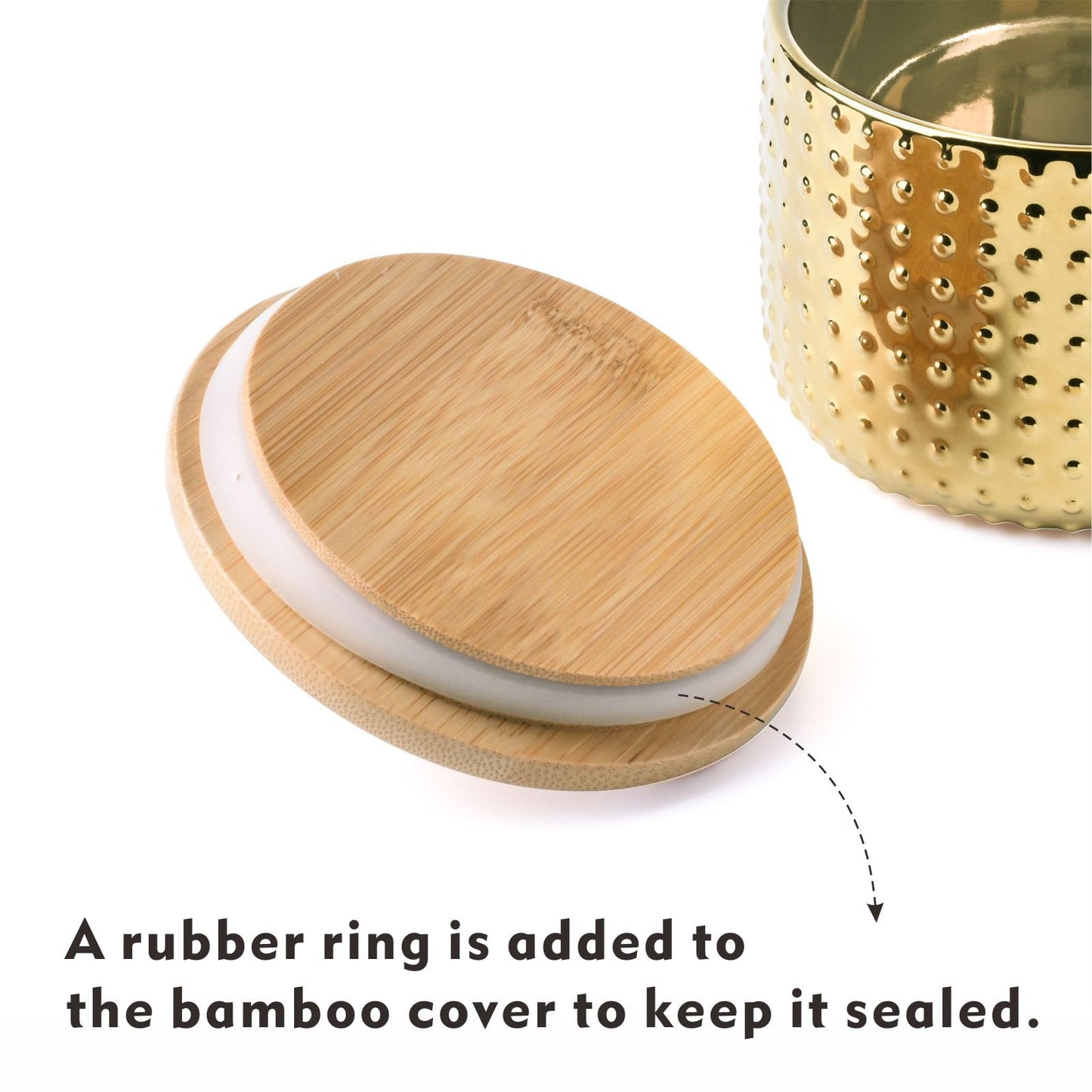 Salt Cellar Keeper with Bamboo Lid, 14oz Big Capacity Ceramic Sugar Bowls Pepper Box, Golden Water Dot Seasoning Container Condiment Pot for Kitchen (Gold Color)