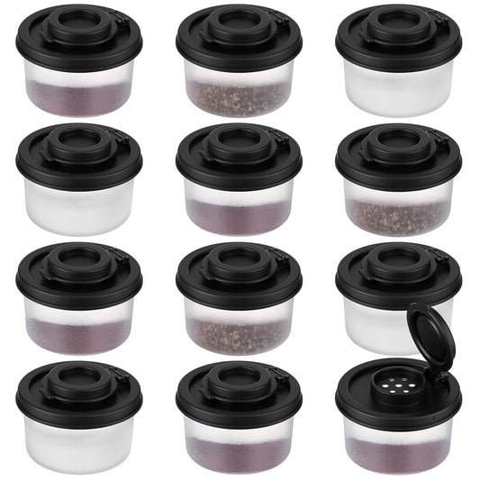 Acellegic 12 Pack Mini Salt and Pepper Shakers Moisture Proof Set Lids Plastic Airtight Dispenser for Camping Picnic Outdoors Kitchen Lunch Boxes Travel Spice(Black)
