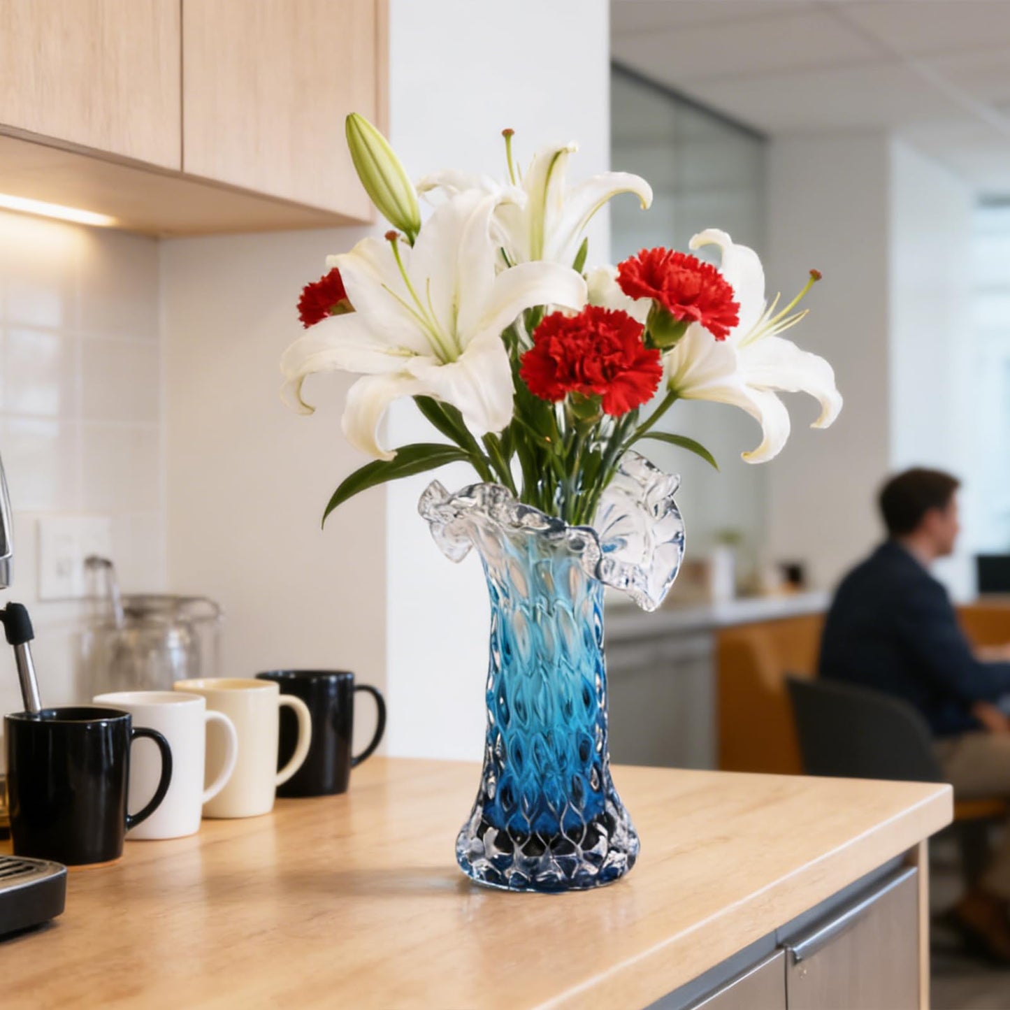 Unique Waves Hand Blown Crystal Glass Vase - Blue Gradient Flower Vase for Home Decor& Living Room Table, Centerpieces & Gift