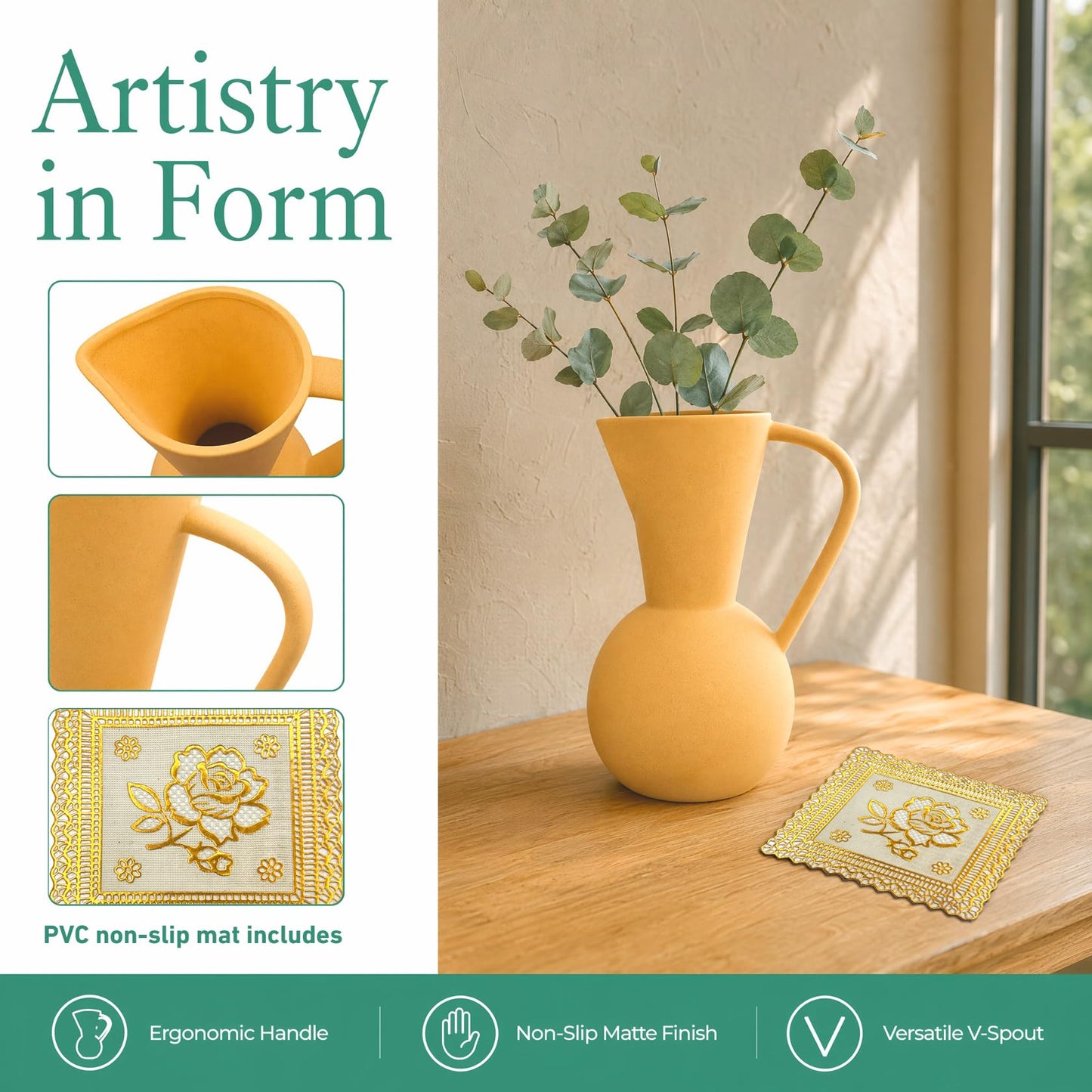 Ceramic Flower Vase with Handle 8.8″ Tall for Living Room Home Decor
