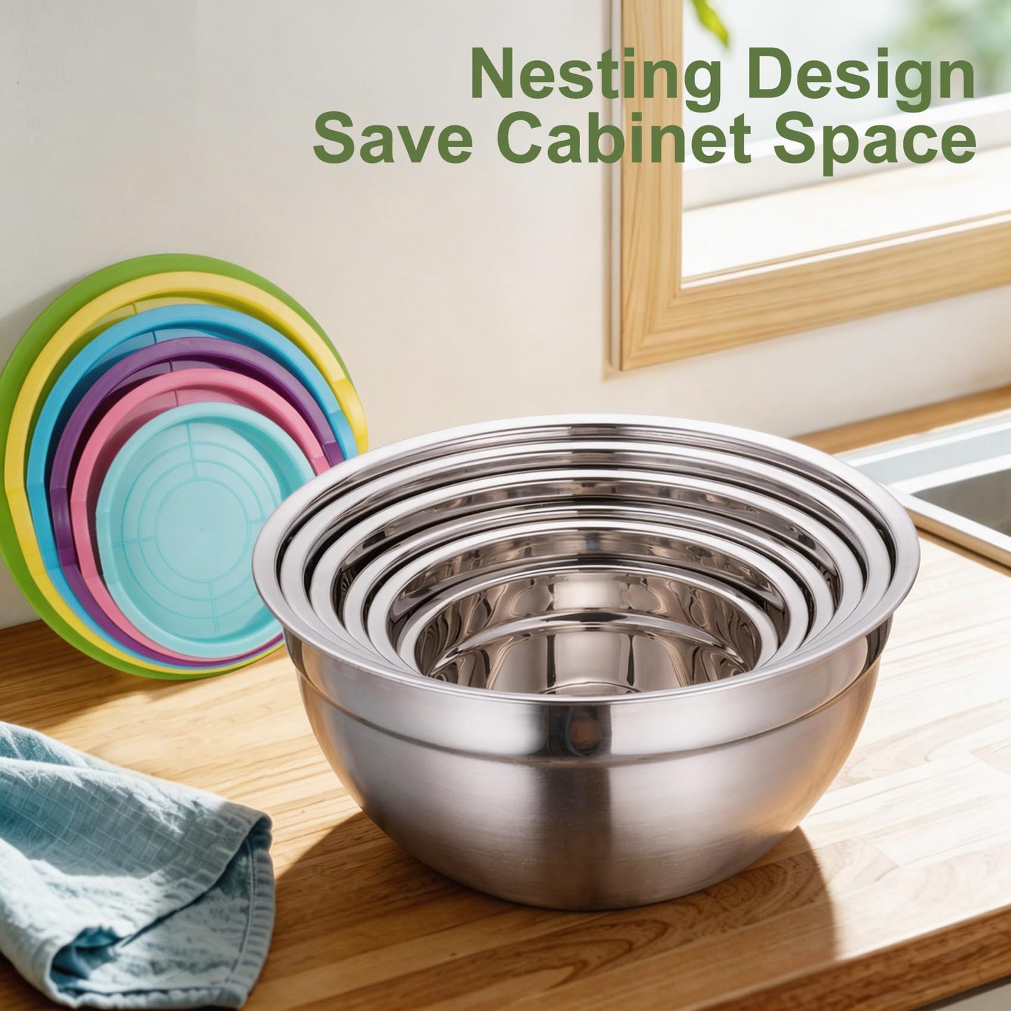 Xyingshine Stainless Steel Mixing Bowls with Lids, 6-Size Nesting Set 0.7-4 QT, 3 Grater Inserts for Meal Prep, Baking, Serving & Storage
