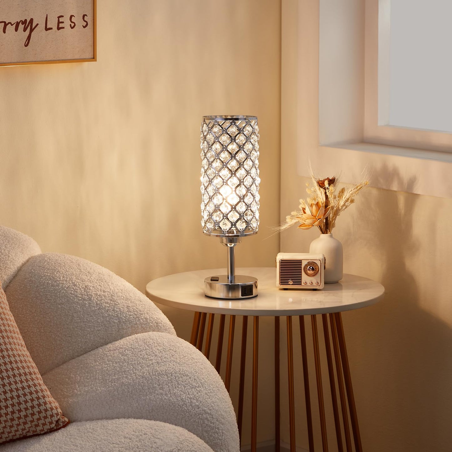 Hong-in Crystal Lamp Touch Control Set of 2, Sliver Crystal Table Lamps with USB C+A Ports & AC Outlet, 3-Way Dimmable Nightstand Touch Lamp, Modern Bedside Table Lamp for Bedroom(Bulbs Included)