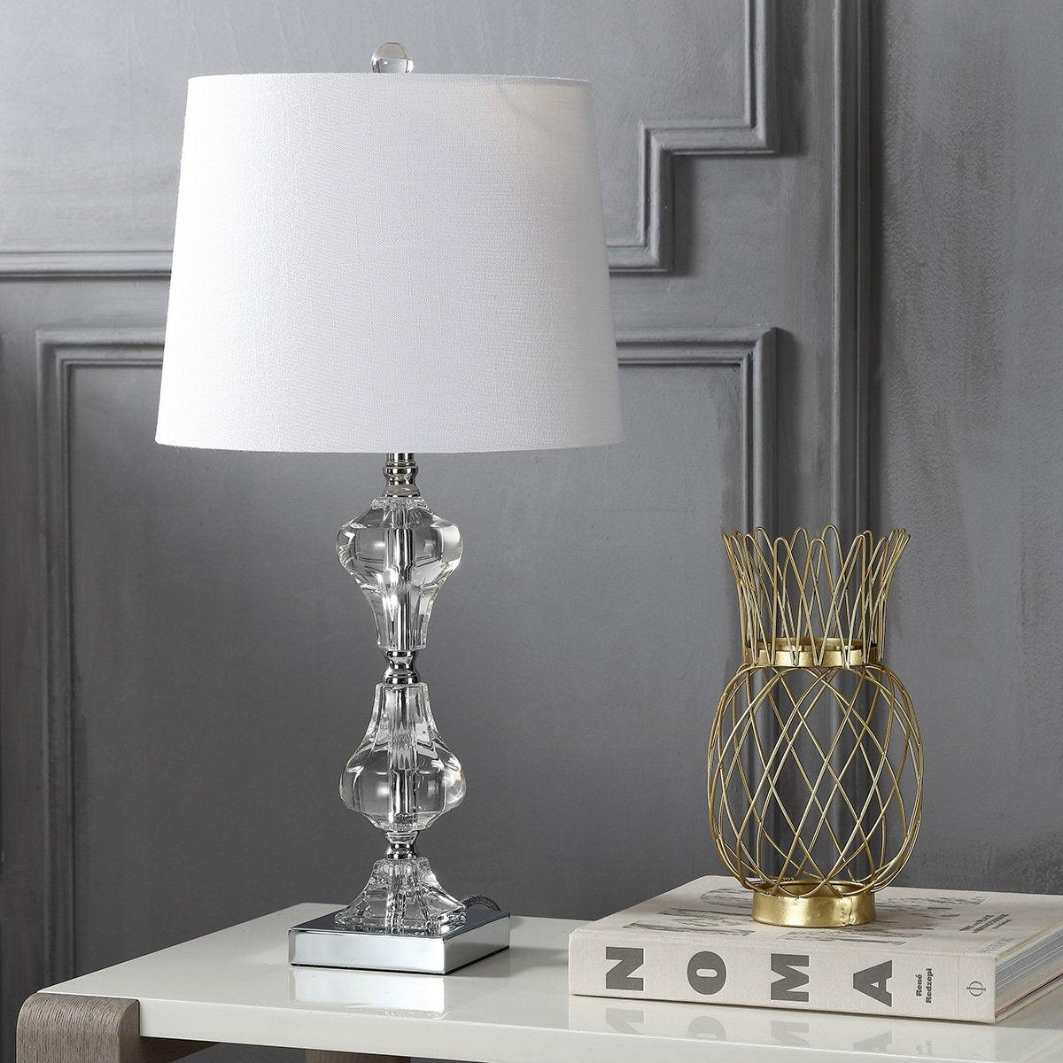 JONATHAN Y 26" Clear Crystal Column Table Lamp, Glam Transitional Chrome Metal Lamp with White Linen Shade for Living Room Bedroom Nightstand, LED Bulb Included JYL2038A