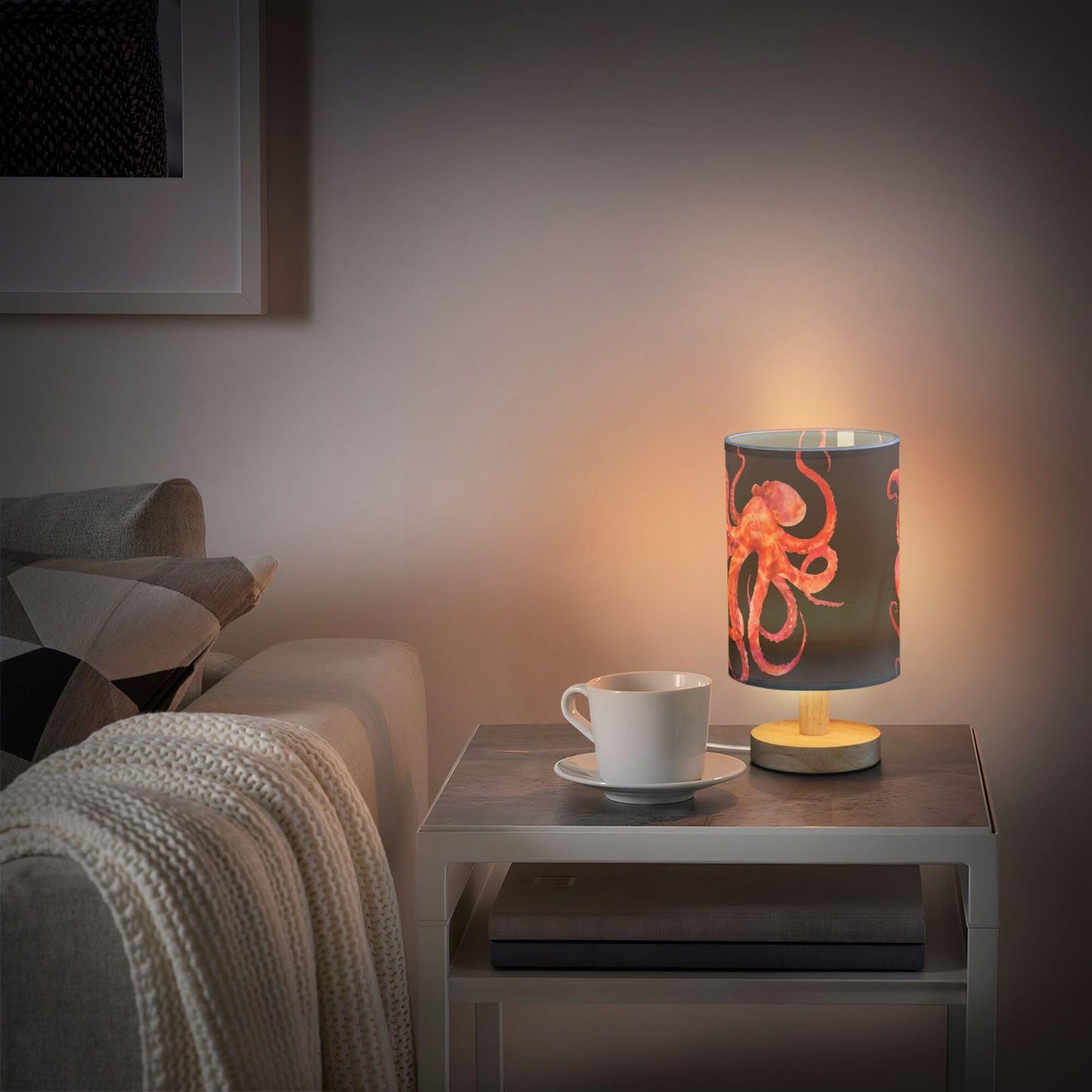 YYZZH Watercolor Red Pink Octopus with Tentacle Marine Animal Sea Life Table Lamp with Wood Base Fabric Lamp Shade Bedside Nightstand Desk Lamp for Living Room Bedroom Kids Room Office