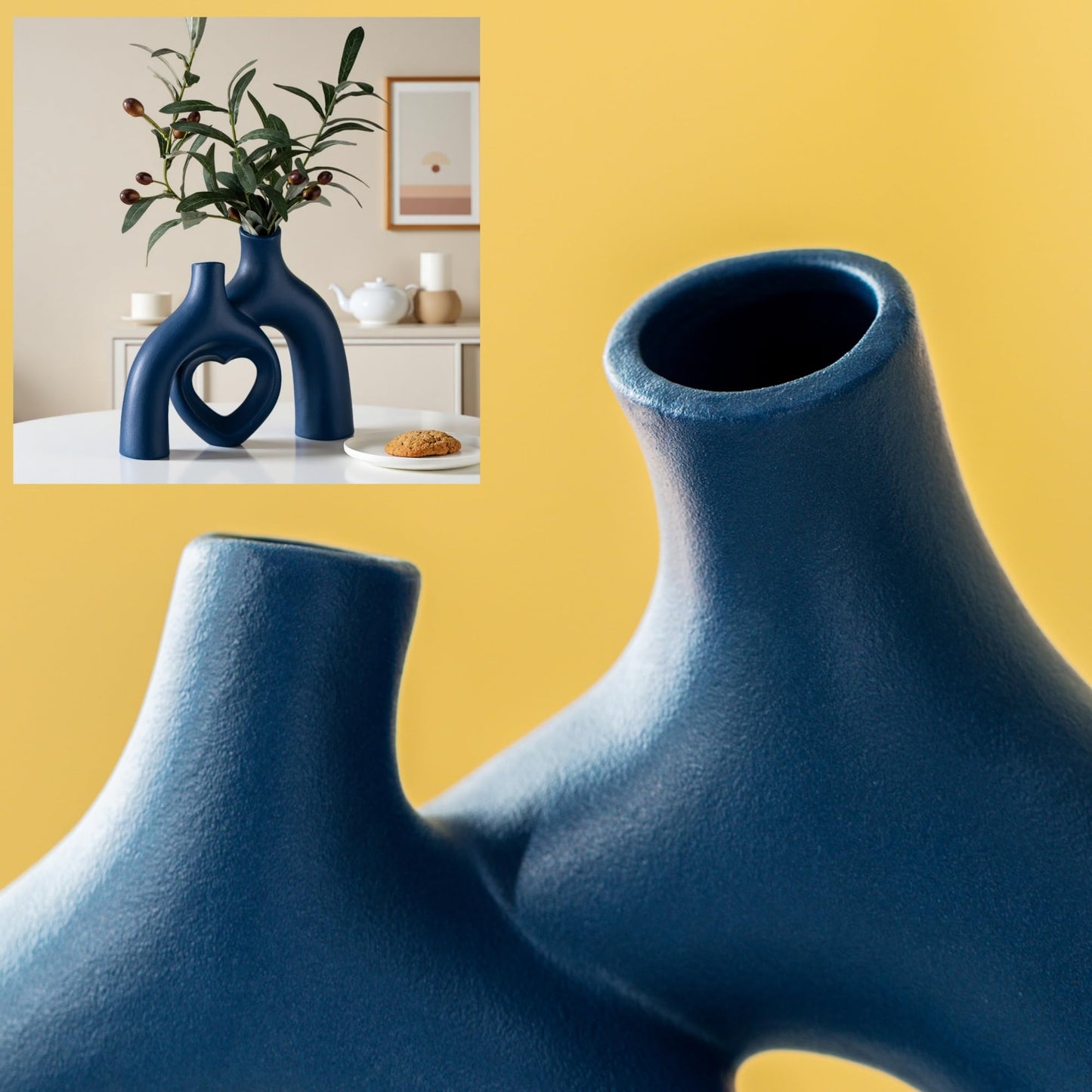 Liotww Snuggle Hollow Decorative Ceramic Vase, 8.3 Inch Hug Donut Modern Nordic Boho Style Vases for Aesthetic Home Decor, Anthropologie Living Room Shelf Coffee Table Décor (Navy Blue)