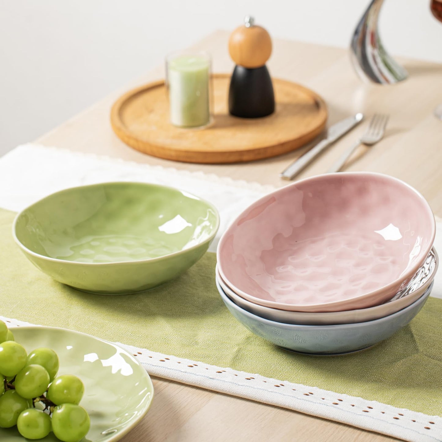 HOMBENE Sun-glitter Plate Bowls 42oz, Mint Glow Green Set of 4,Porcelain Wide and Shallow, Noodle Fruit, Dinner, Large Salad Bowls for Serving Soup Kitchen Dinnerware Sets