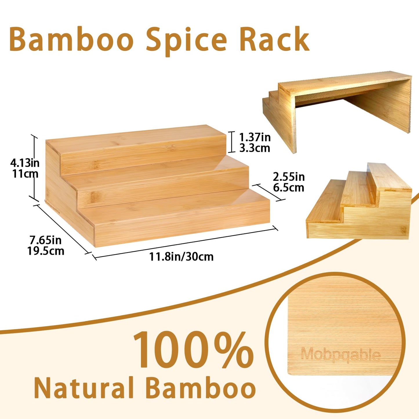 Mobpqable Spice Rack Organizer for Cabinet - 2PCS 11.8in Bamboo Spice Shelf