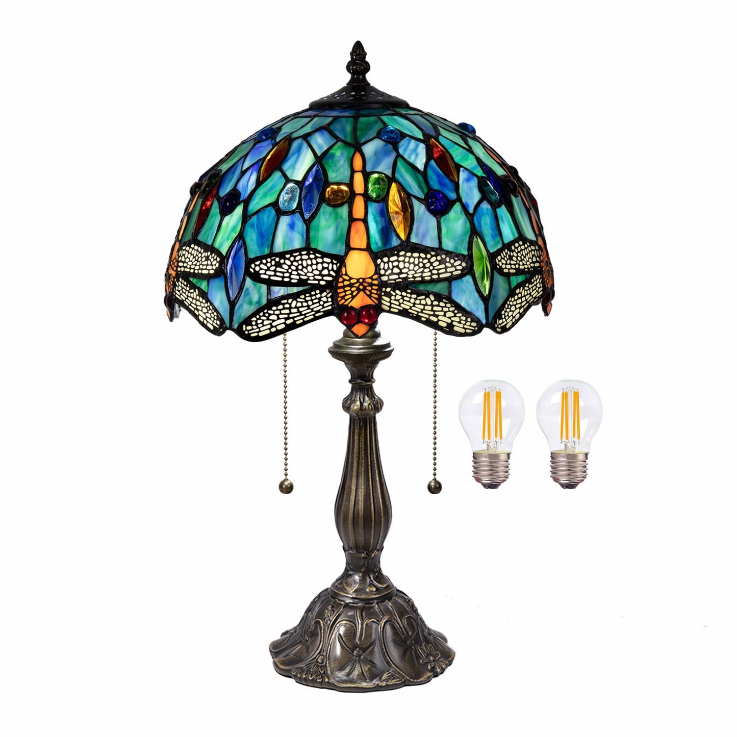 Radtiff Tiffany Table Lamp,12 inch Stained Glass Style Dragonfly Antique Reading Light for Bedside Living Room Office Decor Home,Included Two LED Bulb
