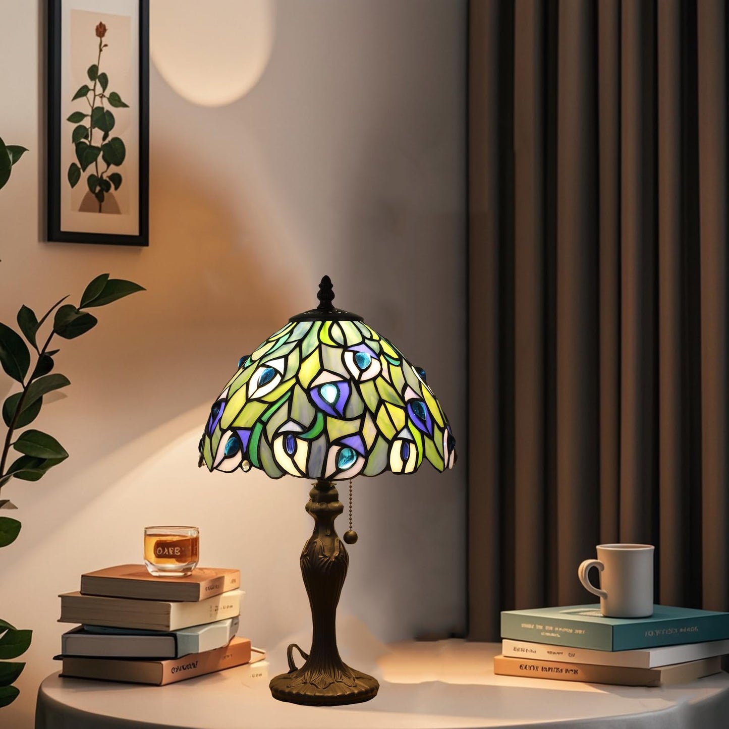 FUMAT Tiffany Table Lamp Blue Phoenix Tail Stained Glass Table Lamps Hand-Made 3 Color Temperature Bedside Nightstand Lamp for Bedroom,Living Room Home Office+LED Bulb,10.1X10.1X17Inch