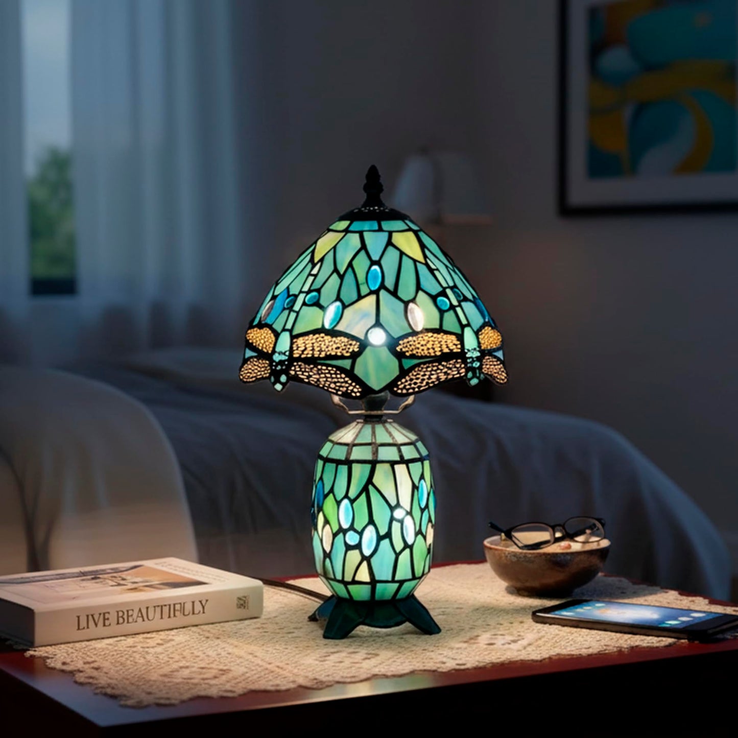 TCODTPOL Tiffany Stained Glass Table Lamp 8X14 Inches (Sea Blue Dragonfly)