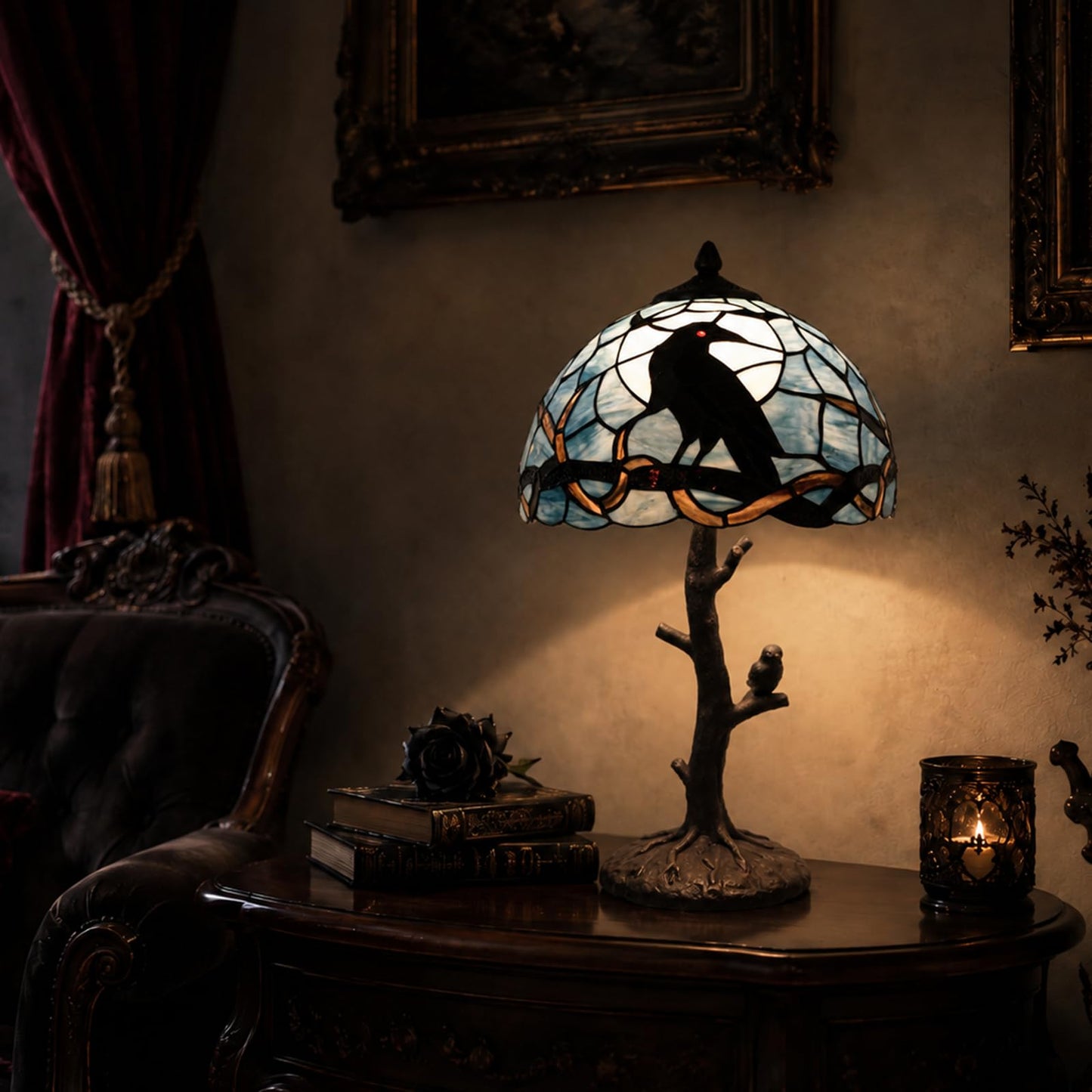 Bieye L10956 Raven Sitting on Bare Tree Branch in Full Moon Night Tiffany Style Stained Glass Table Lamp for Home Decor (Dark Blue, 12Wx20H)
