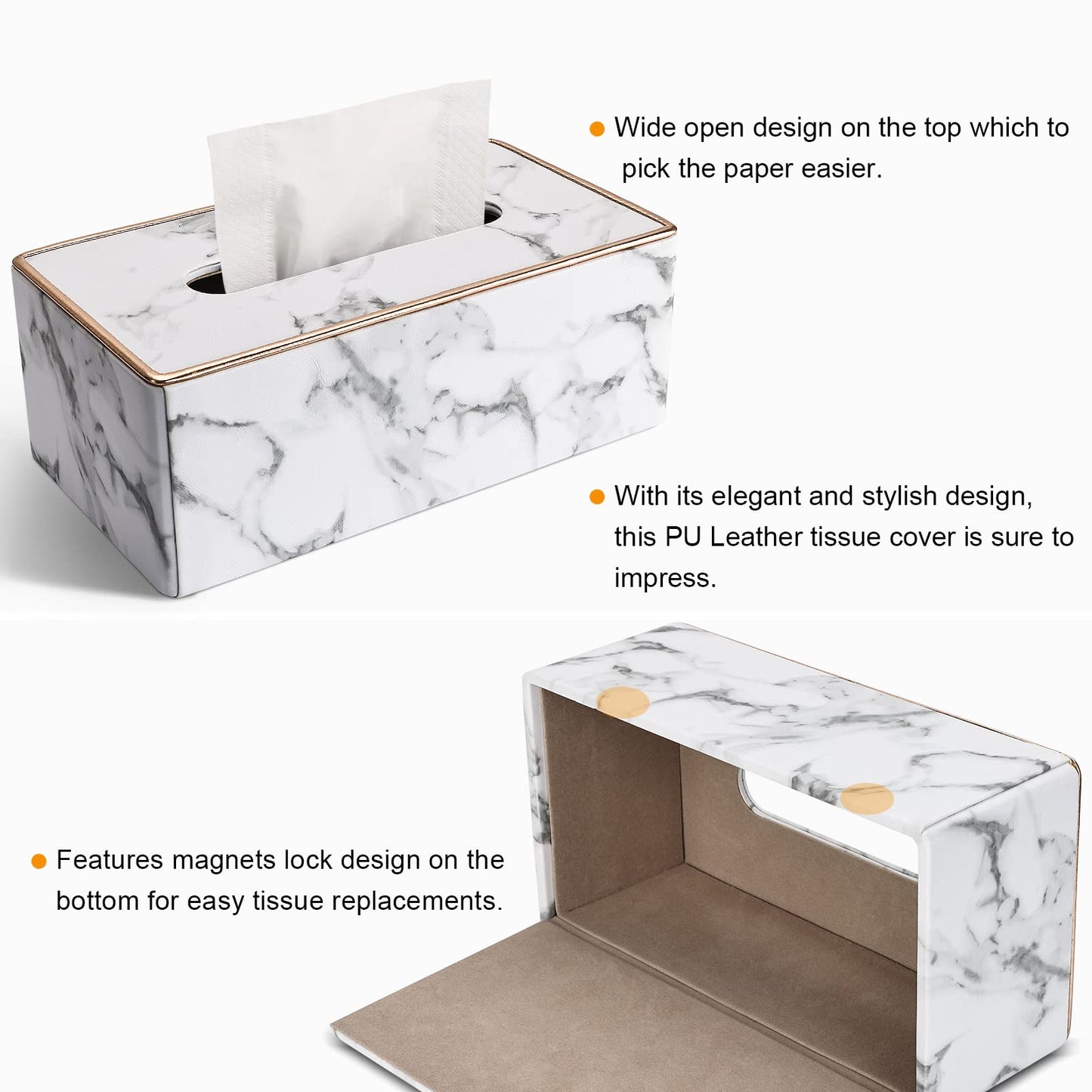 Tissue Box Cover Rectangular, PU Leather Tissue Box Holder for Kleenex, Napkin, Rectangle Tissue Box Covers, Tissue Holder for Bathroom Car Home Decorative 9.84"X5.23"X3.77" - Phnom Penh Marble