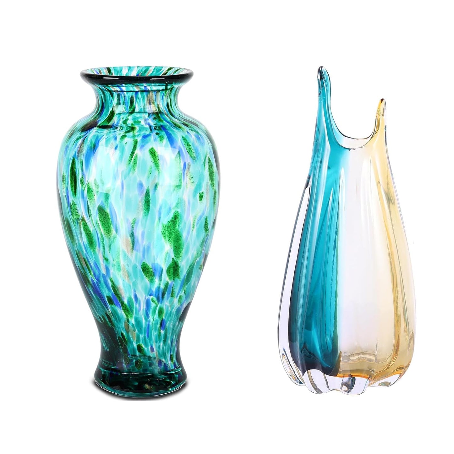 Hand Blown Glass Vase, Medium Wide Mouth Flower Vase Unique Modern Turquoise Glass Art Decor, Nonbreakable Vases for Table Centerpieces Living Room De