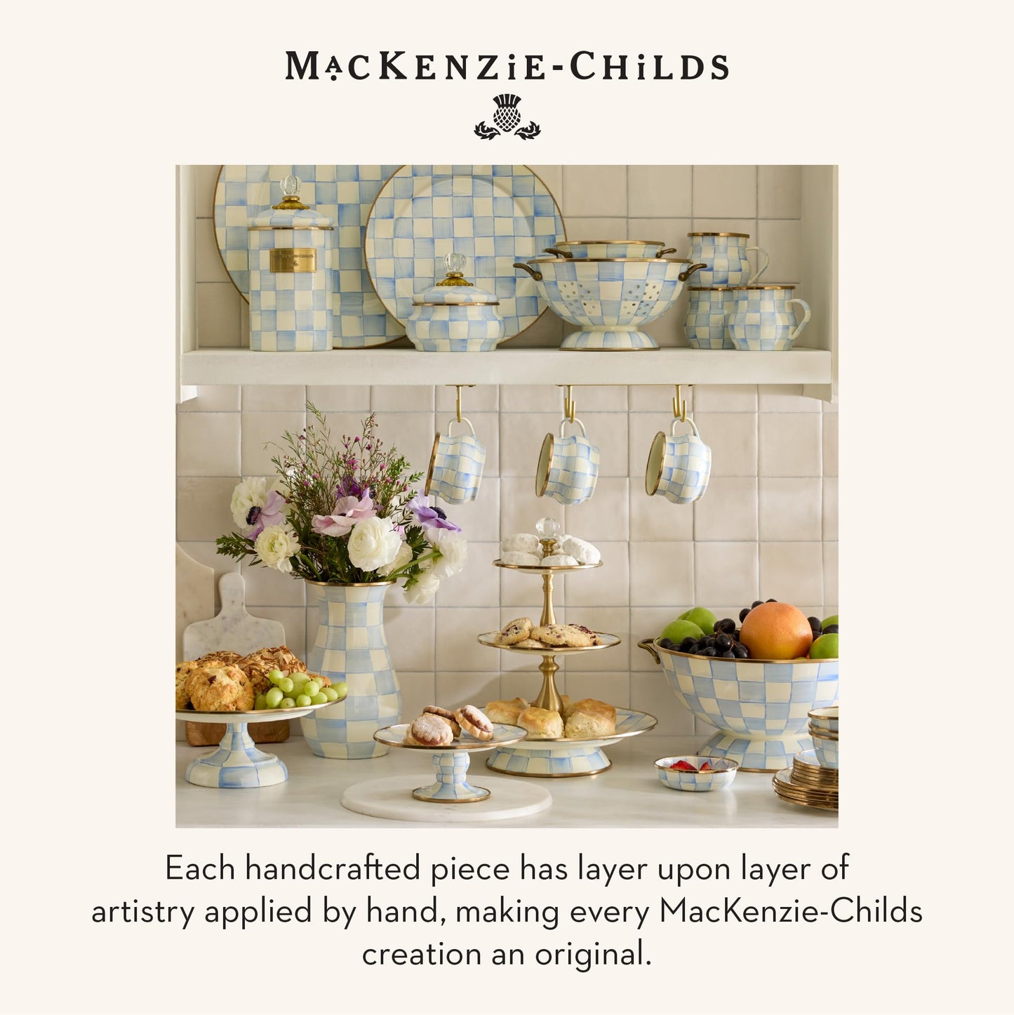 MACKENZIE-CHILDS Enamel Ice Cream Bowl, Serving Bowl for Entertaining, 2-Cup Capacity, Light-Blue-and-White Sky Check