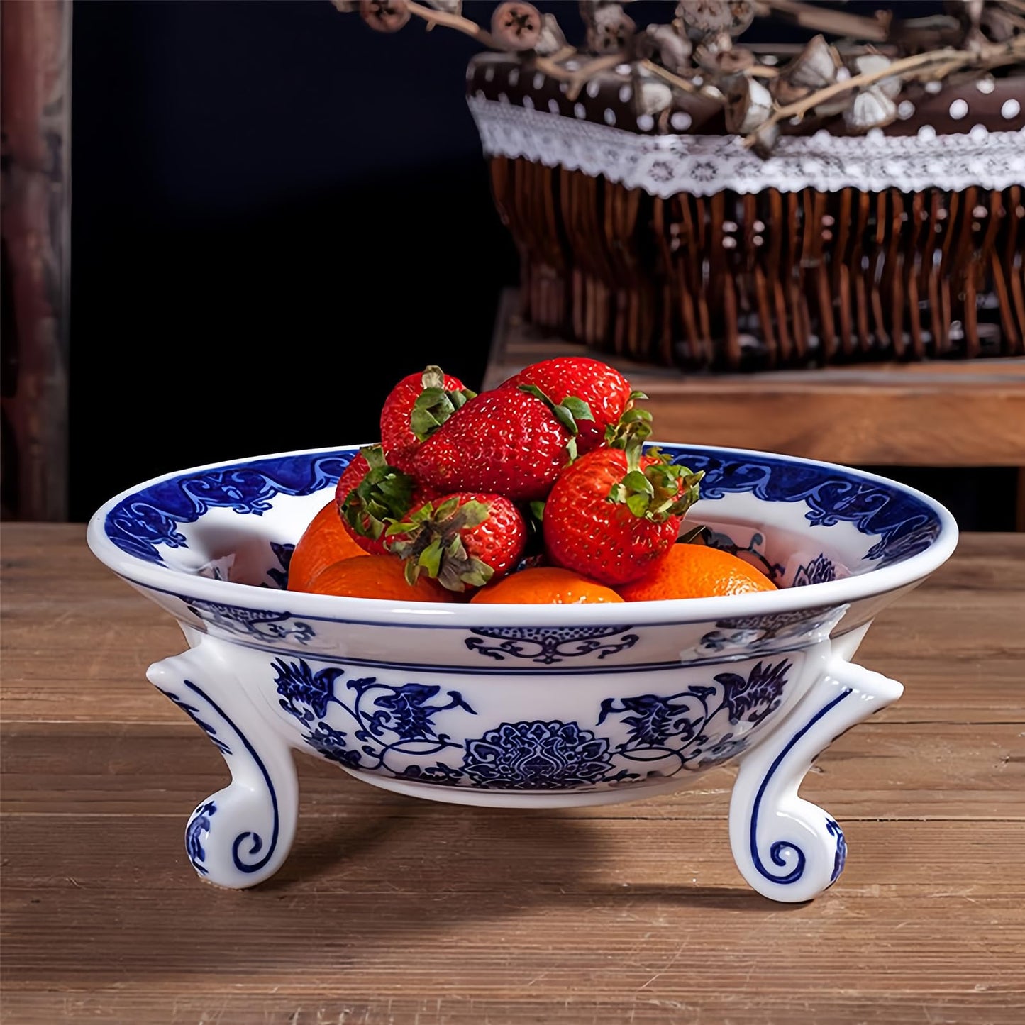 YYMayLsh Decorative Porcelain Fruit Bowl, Blue and White Chinoiserie Design, 10.2x3.9 inches